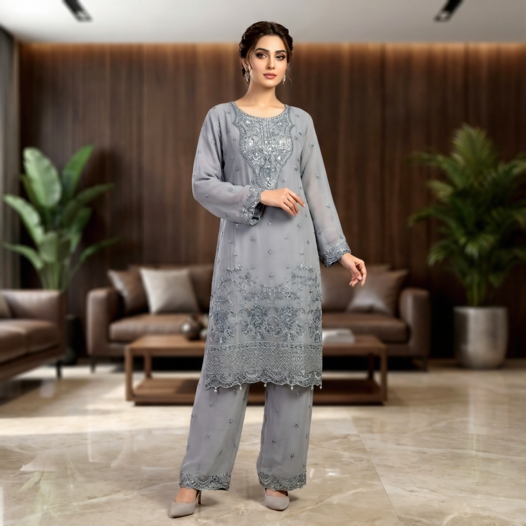 Smokey Grey 3 Pc embroidered chiffon Suit (Stitched)