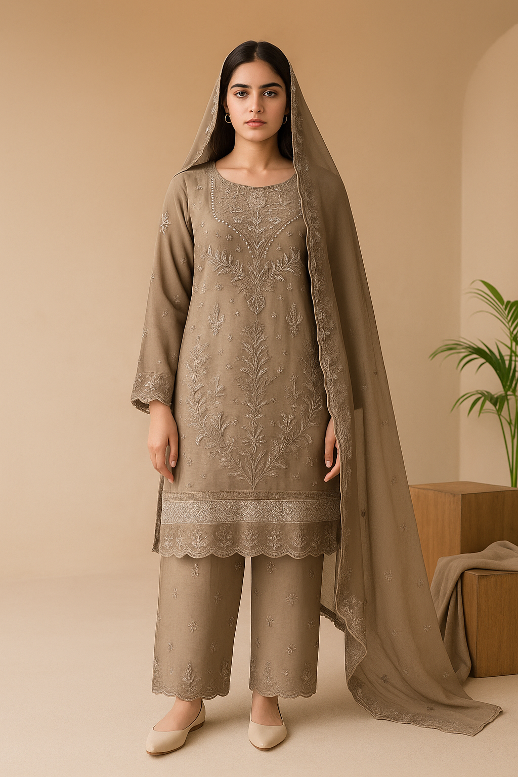 3 piece stitched embroidered chiffon suit
