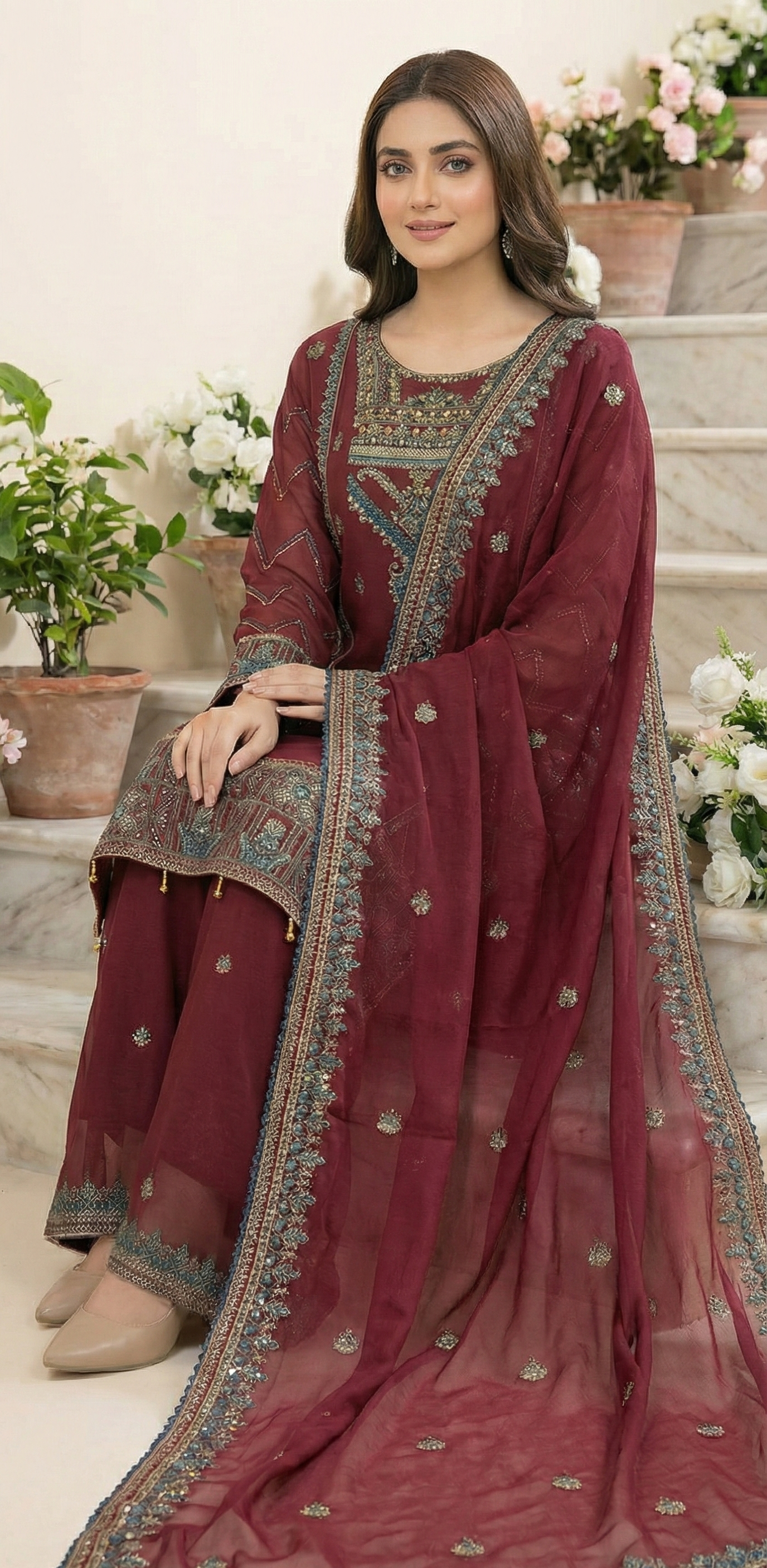 3 piece stitched embroidered chiffon suit