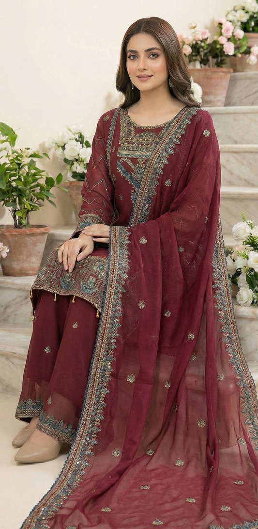 3 piece stitched embroidered chiffon suit