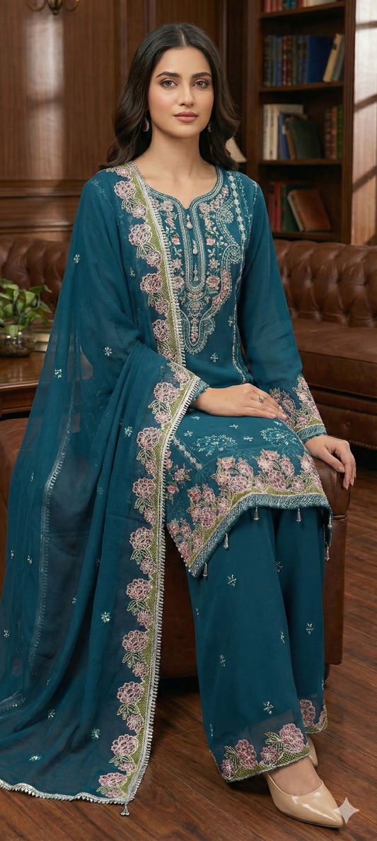 3 piece stitched embroidered chiffon suit