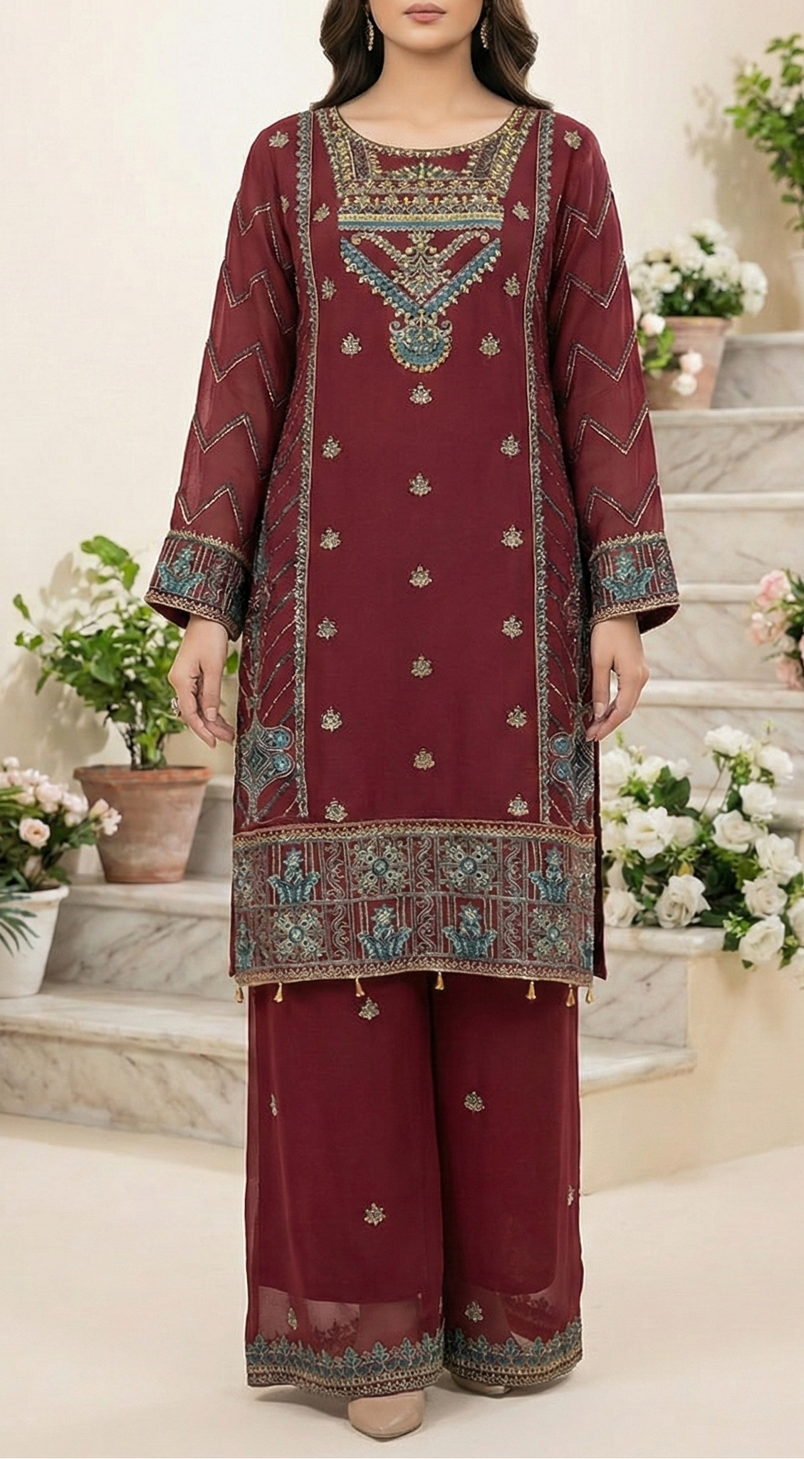 3 piece stitched embroidered chiffon suit