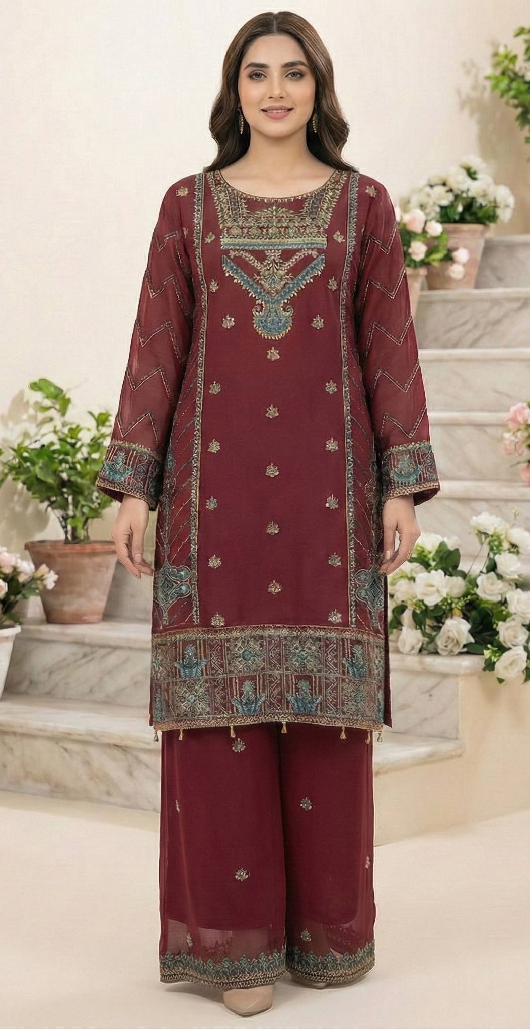 3 piece stitched embroidered chiffon suit