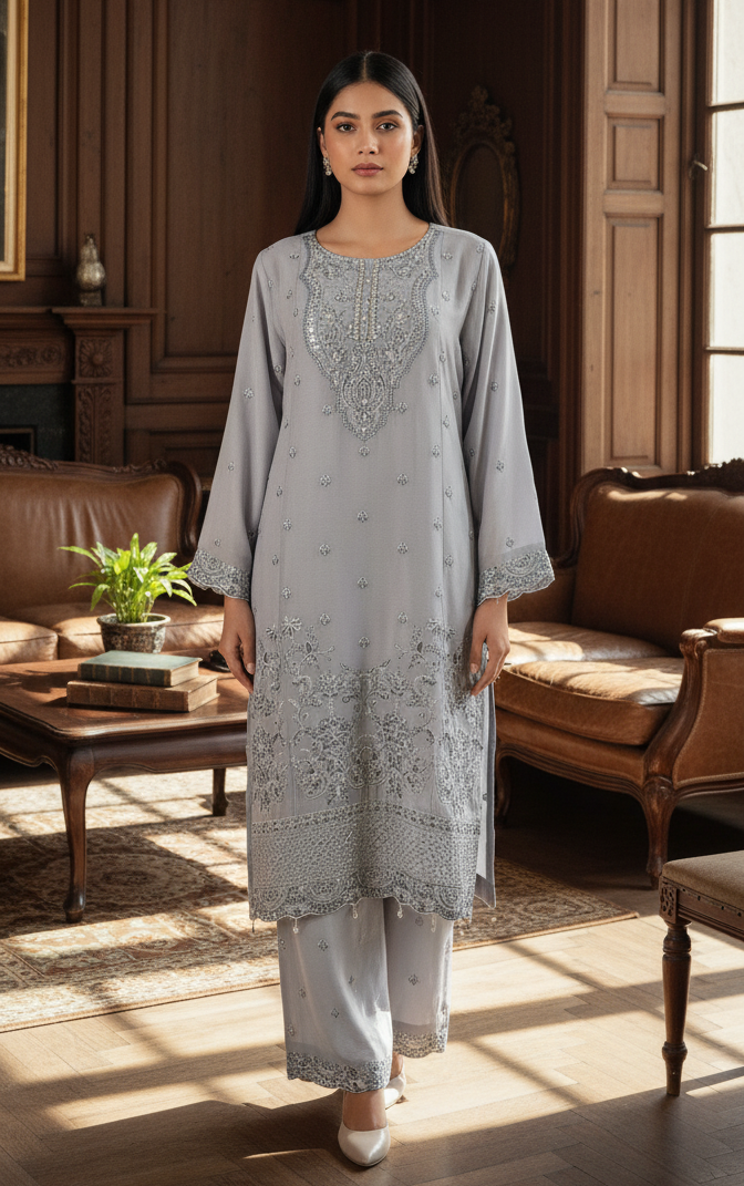 3 piece stitched embroidered chiffon suit