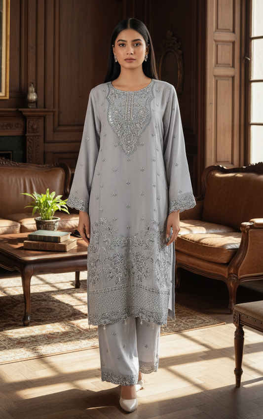3 piece stitched embroidered chiffon suit