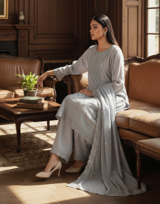 3 piece stitched embroidered chiffon suit