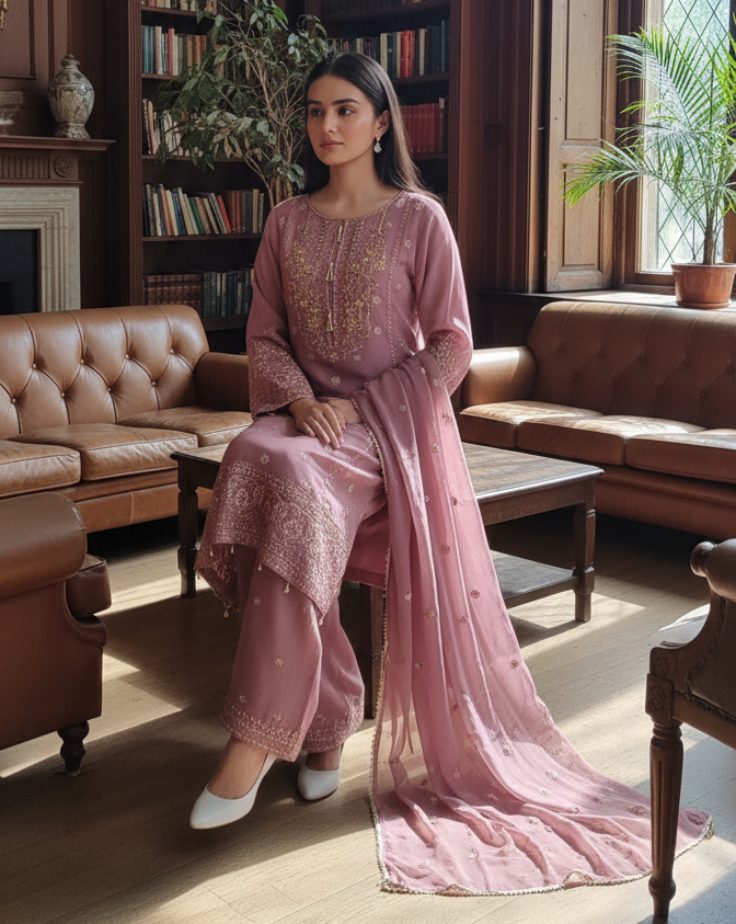 3 piece stitched embroidered chiffon suit