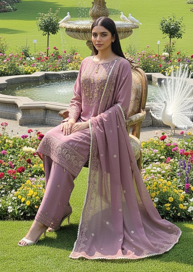 3 piece stitched embroidered chiffon suit