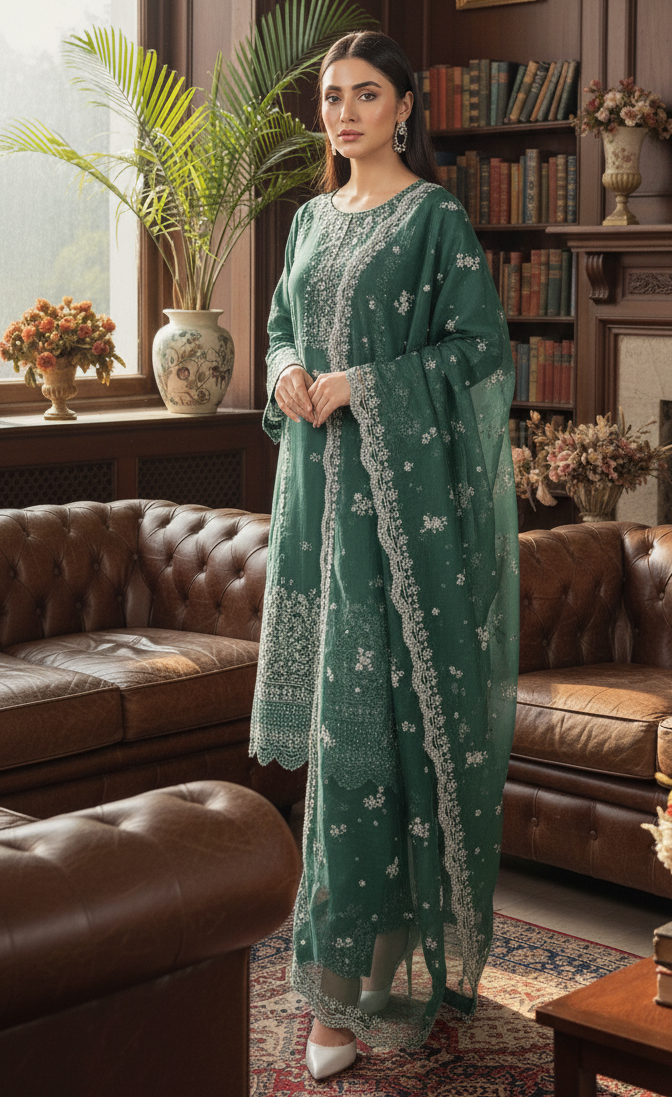 3 piece stitched embroidered chiffon suit