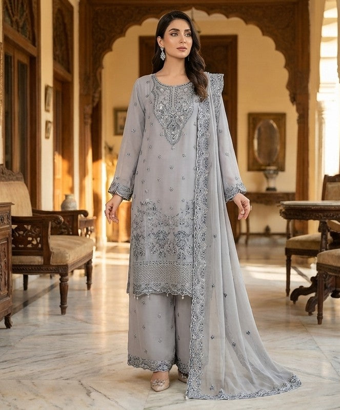 Smokey Grey 3 Pc embroidered chiffon Suit (Stitched)