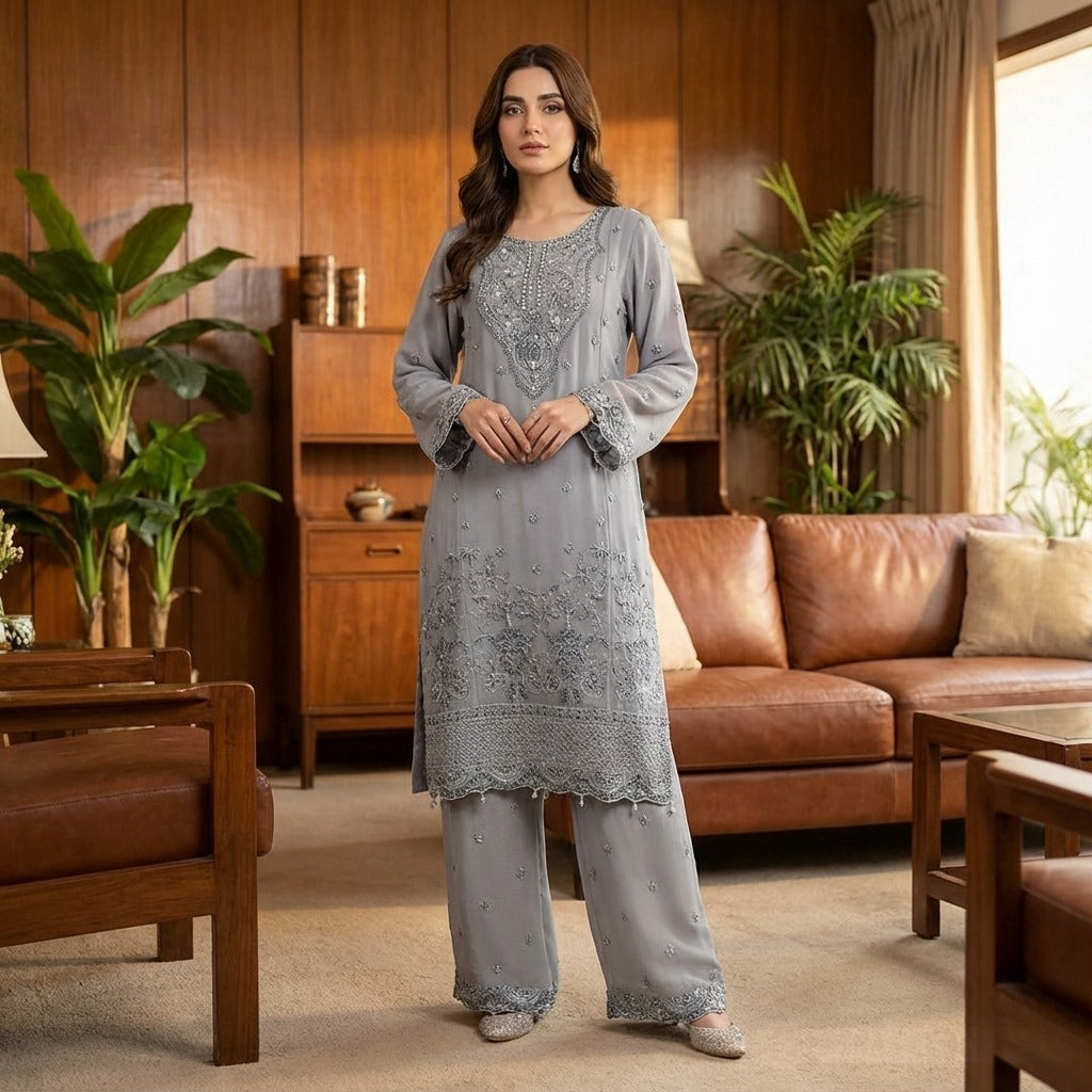 Smokey Grey 3 Pc embroidered chiffon Suit (Stitched)