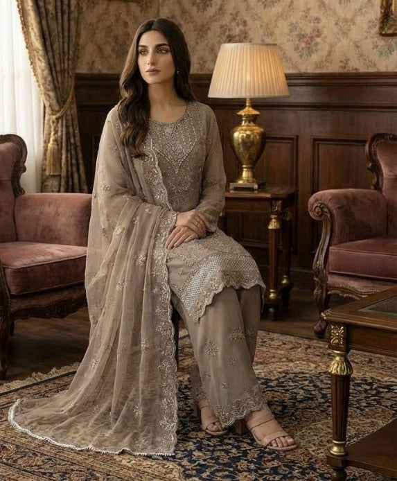 Dusty Brown 3 Pc embroidered chiffon Suit (Stitched)