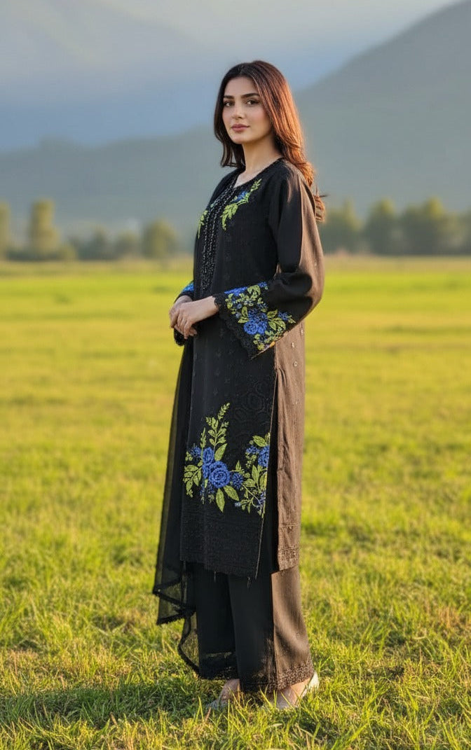 3 piece stitched embroidered chiffon suit