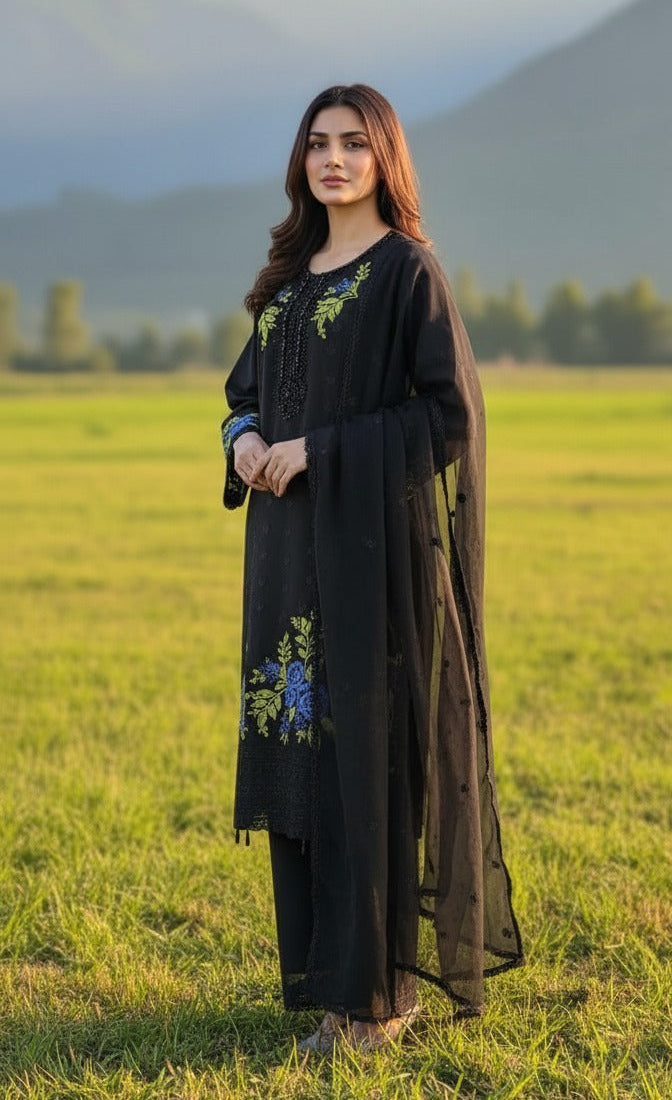 3 piece stitched embroidered chiffon suit