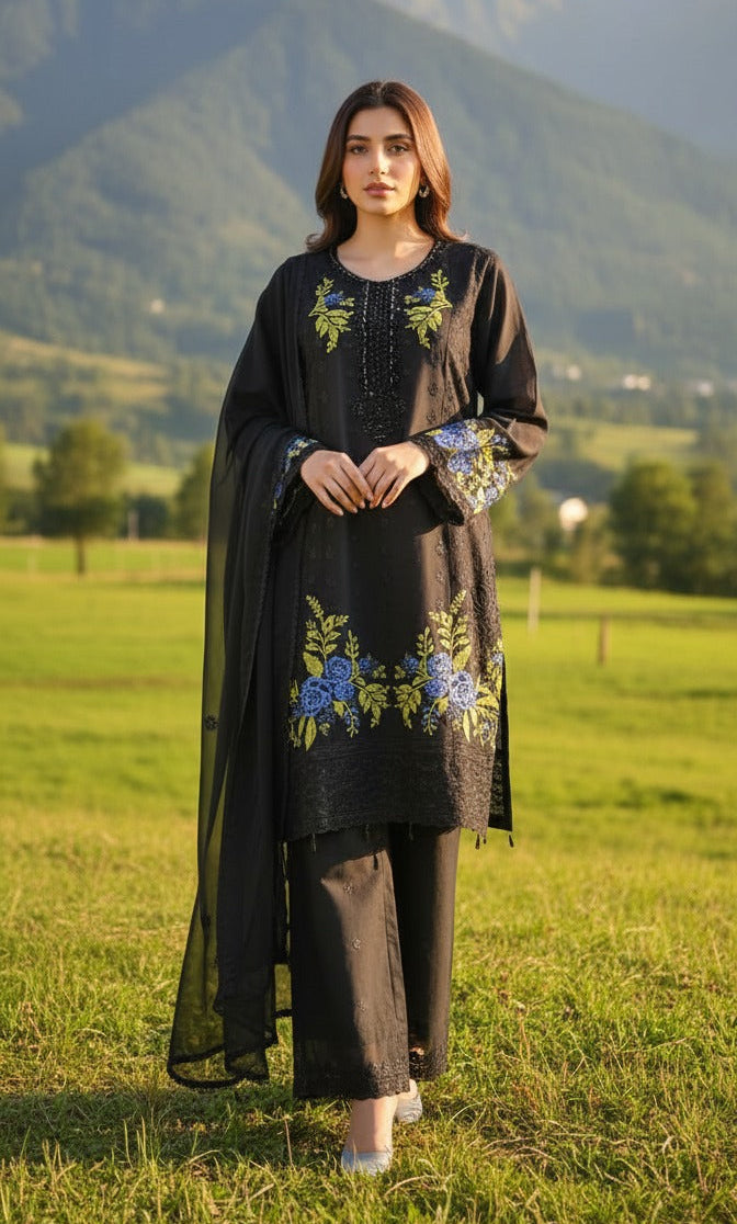3 piece stitched embroidered chiffon suit