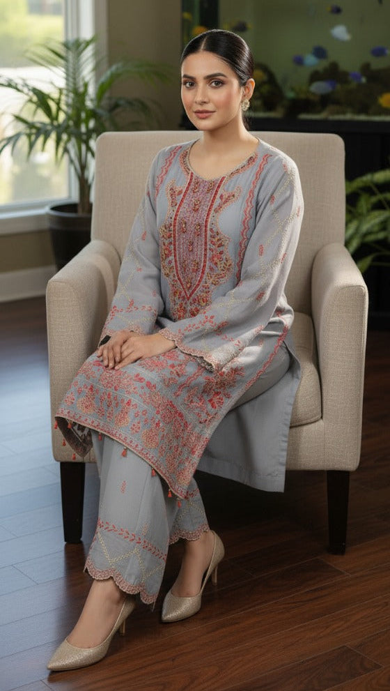 3 piece stitched embroidered chiffon suit