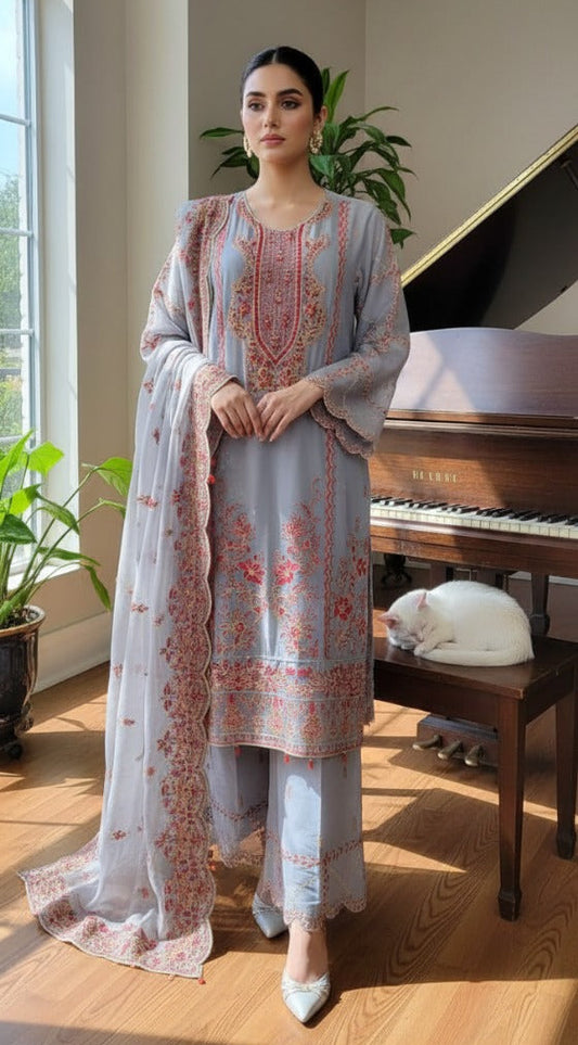 3 piece stitched embroidered chiffon suit