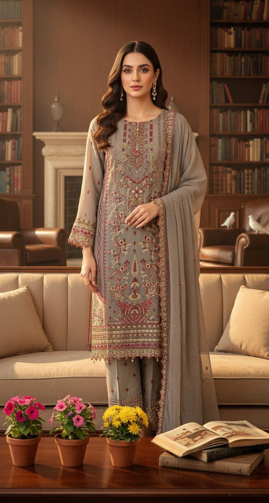 3 piece stitched embroidered chiffon suit