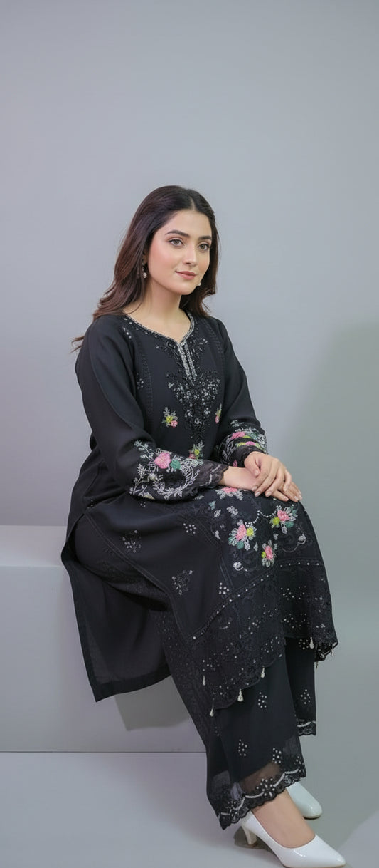 Midnight Black 3 Pc embroidered chiffon Suit (Stitched)