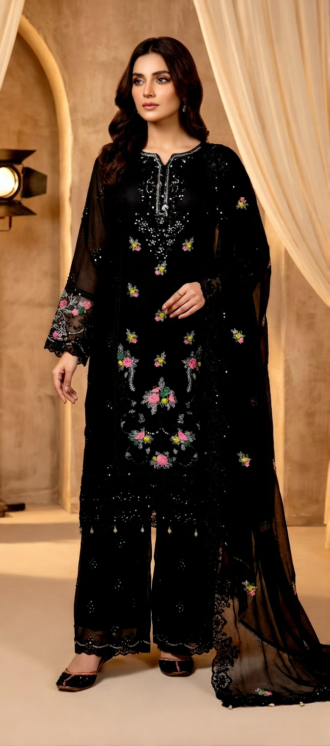 Midnight Black 3 Pc embroidered chiffon Suit (Stitched)