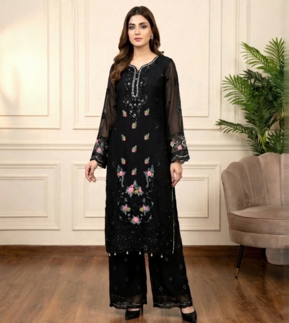Midnight Black 3 Pc embroidered chiffon Suit (Stitched)
