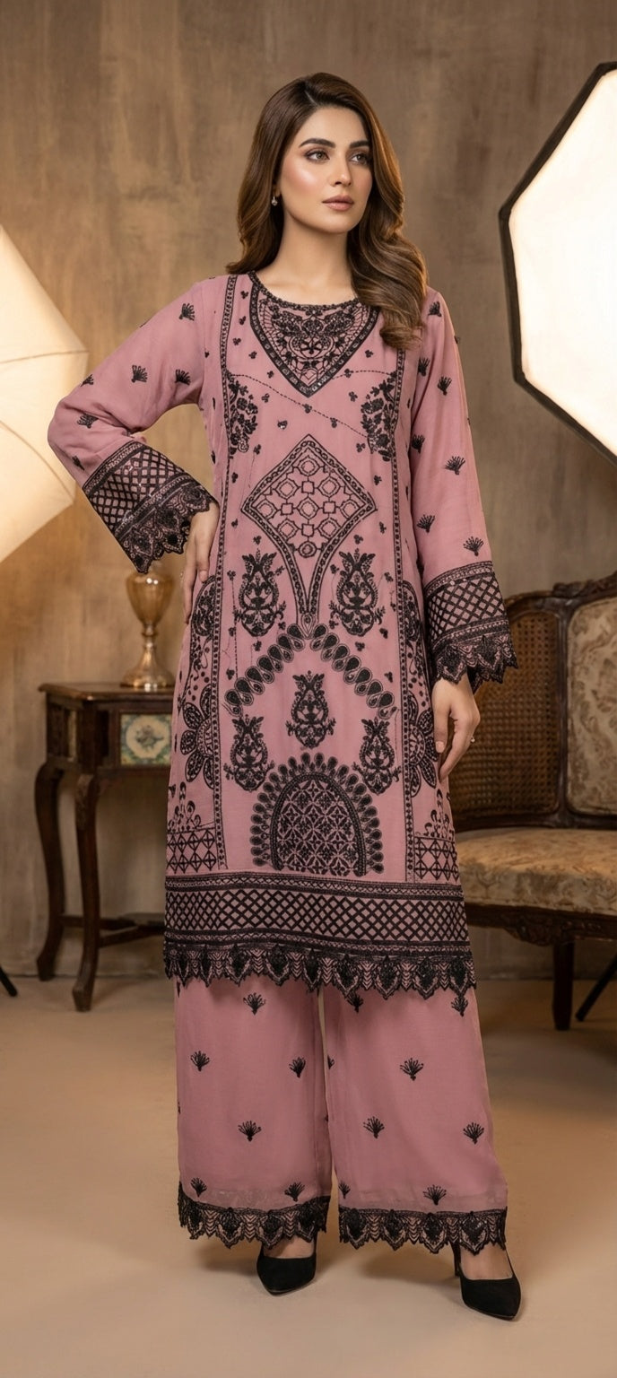 Dusty Rose Pink 3 Pc embroidered chiffon Suit (Stitched)