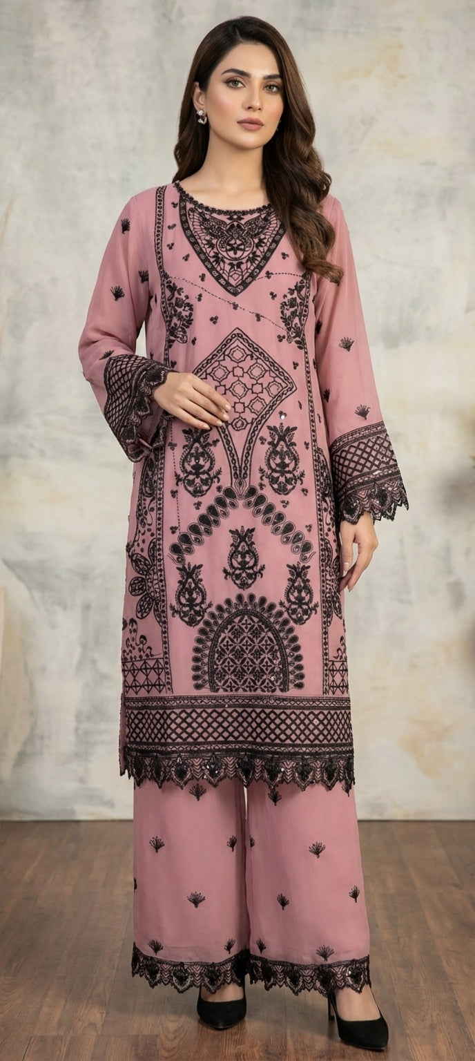 Dusty Rose Pink 3 Pc embroidered chiffon Suit (Stitched)