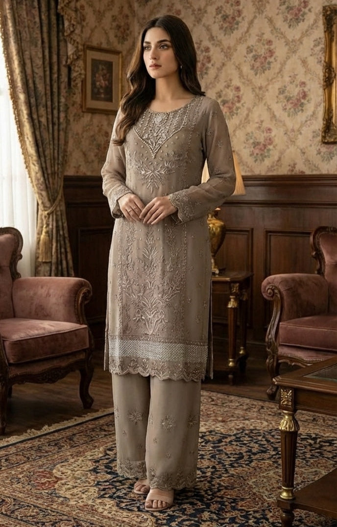 Dusty Brown 3 Pc embroidered chiffon Suit (Stitched)
