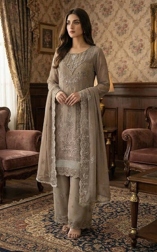 Dusty Brown 3 Pc embroidered chiffon Suit (Stitched)