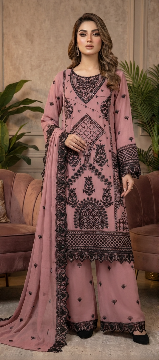 Dusty Rose Pink 3 Pc embroidered chiffon Suit (Stitched)